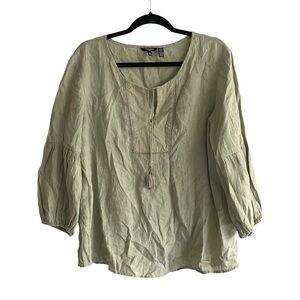 ELLEN TRACY Linen Popover Tunic Blouse Tassels
Elastic Cuffs Olive Green XL